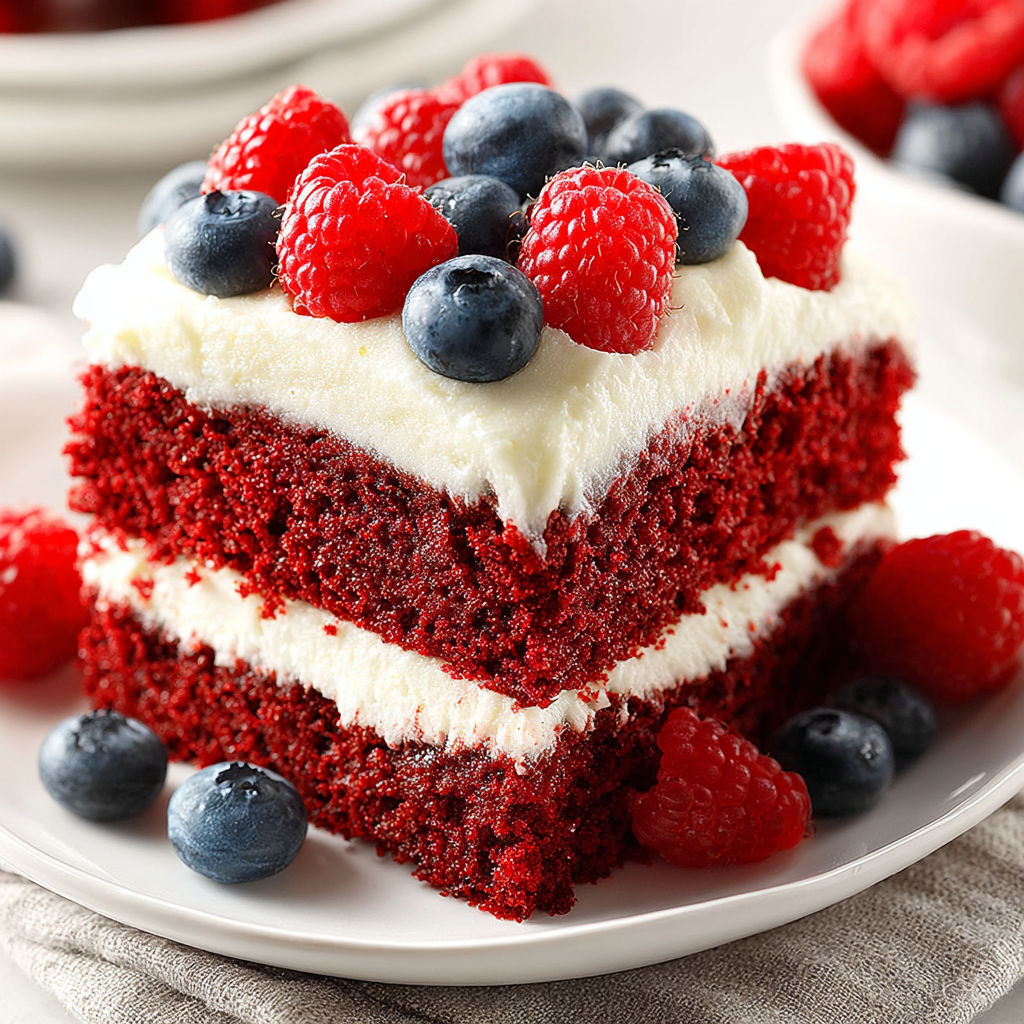 A slice of red velvet cake with white frosting and blueberries.