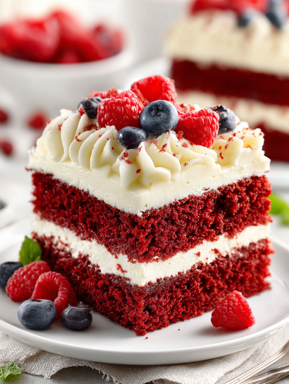 A slice of red velvet cake with white frosting and blueberries.