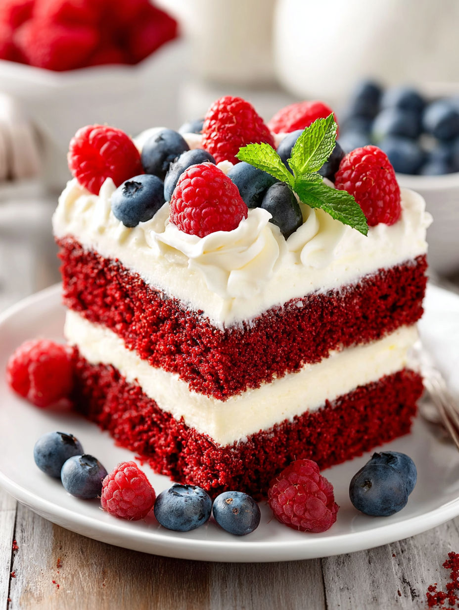 A slice of red velvet cake with white frosting and blueberries.