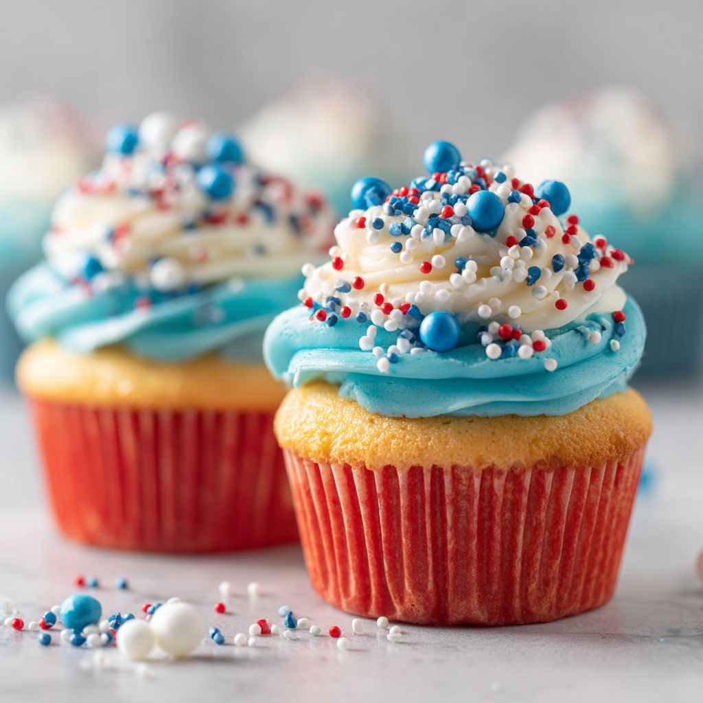 Red, white, and blue cupcakes with white frosting and blue sprinkles.