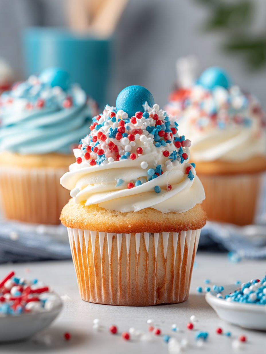 A cupcake with a blue and white frosting and a red and white sprinkles.