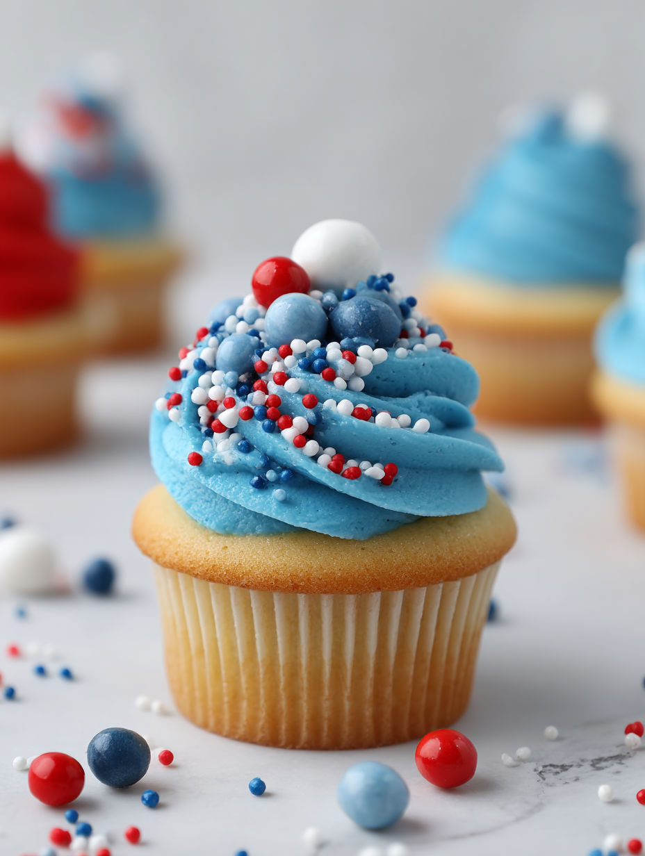 A cupcake with blue frosting and red, white and blue sprinkles.