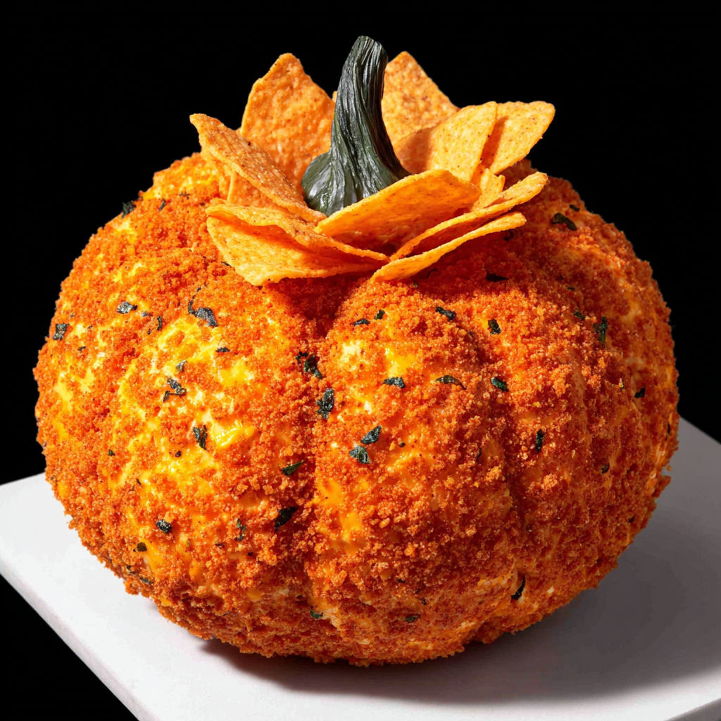 A pumpkin cheese ball on a plate.