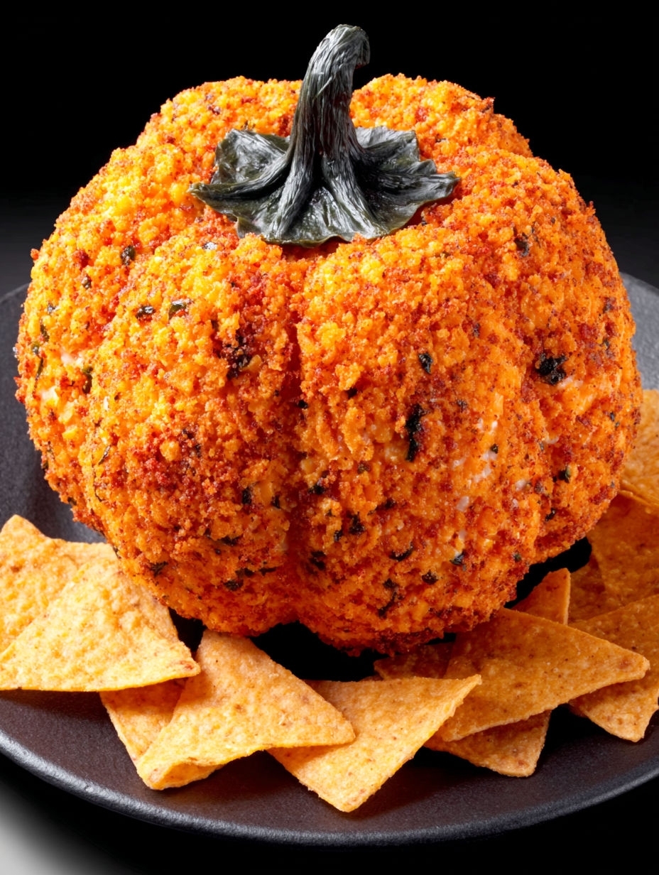 A pumpkin cheese ball is served on a plate with chips.