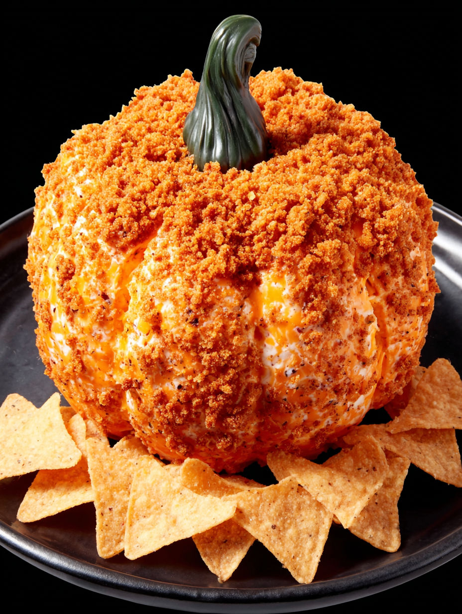 A pumpkin cheese ball is served on a plate with chips.