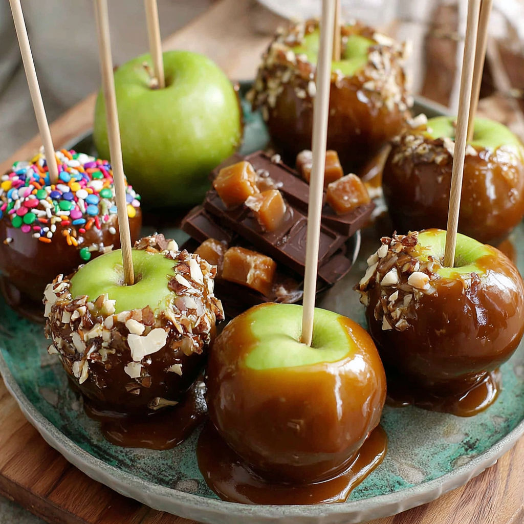 A plate of apples with caramel and chocolate toppings.