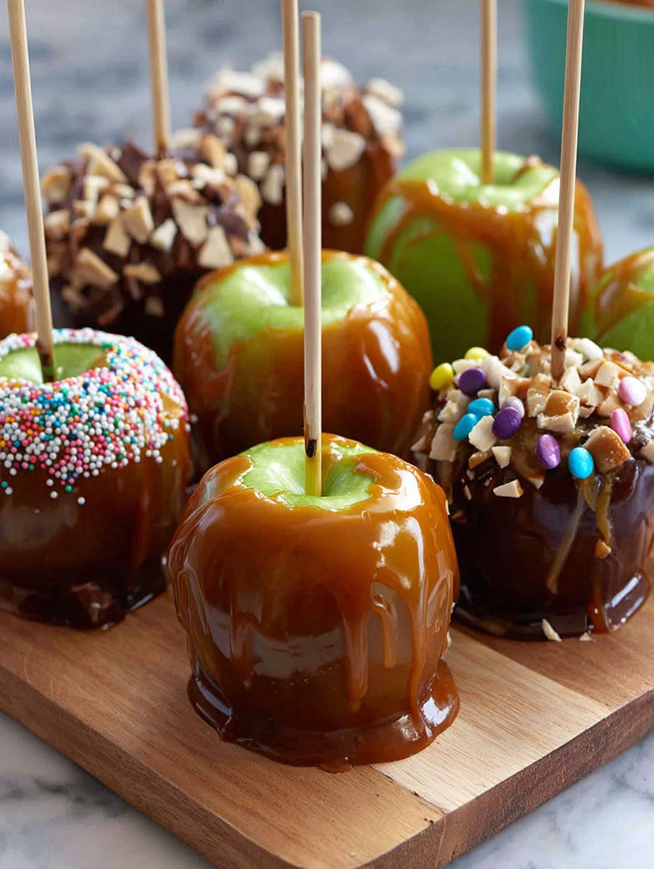 A wooden board with a variety of caramel, chocolate and candy apples.
