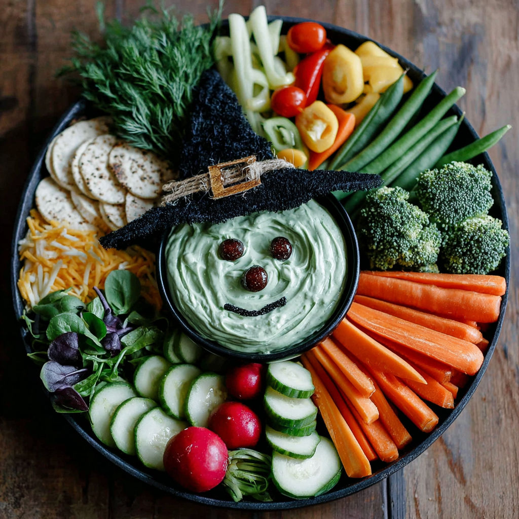 A spooky veggie platter with a witch's hat on it.