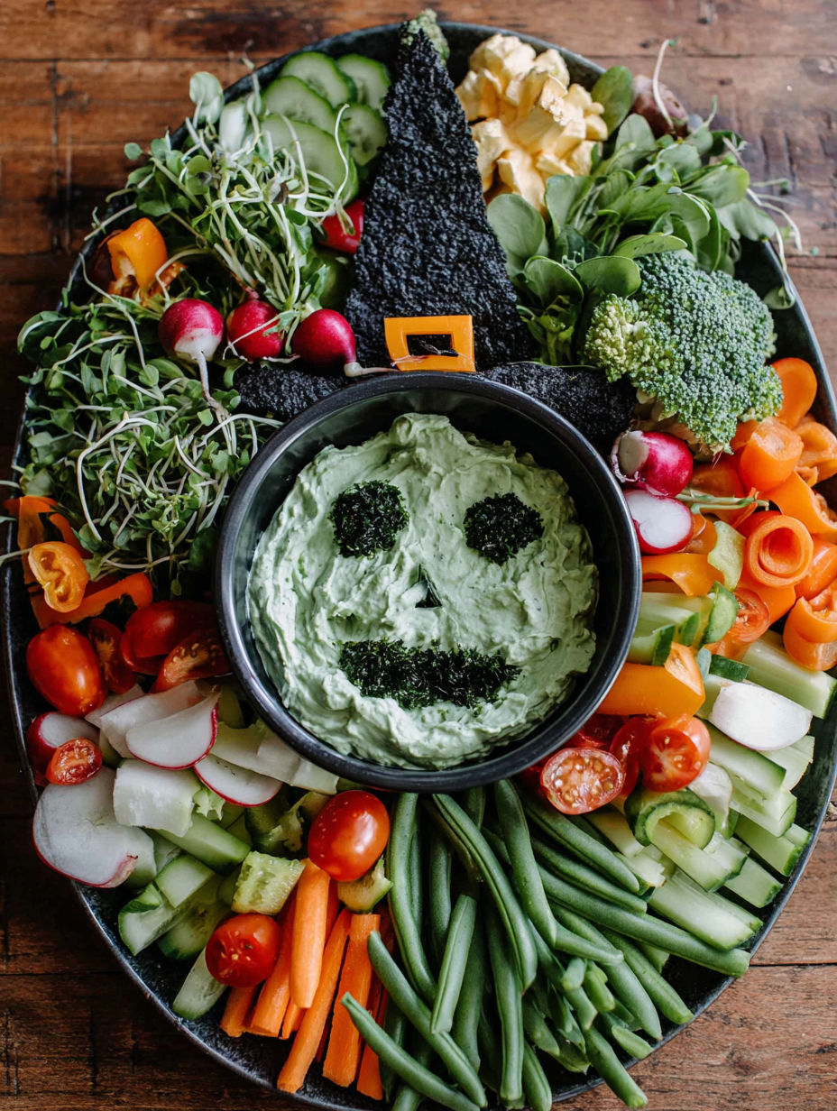 A spooky veggie platter with a face made of vegetables.