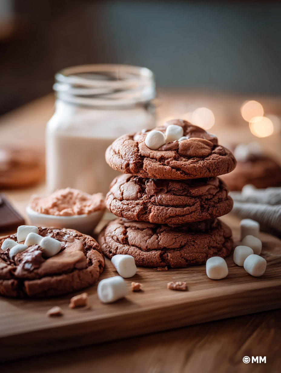 A stack of chocolate marshmallow cookies.