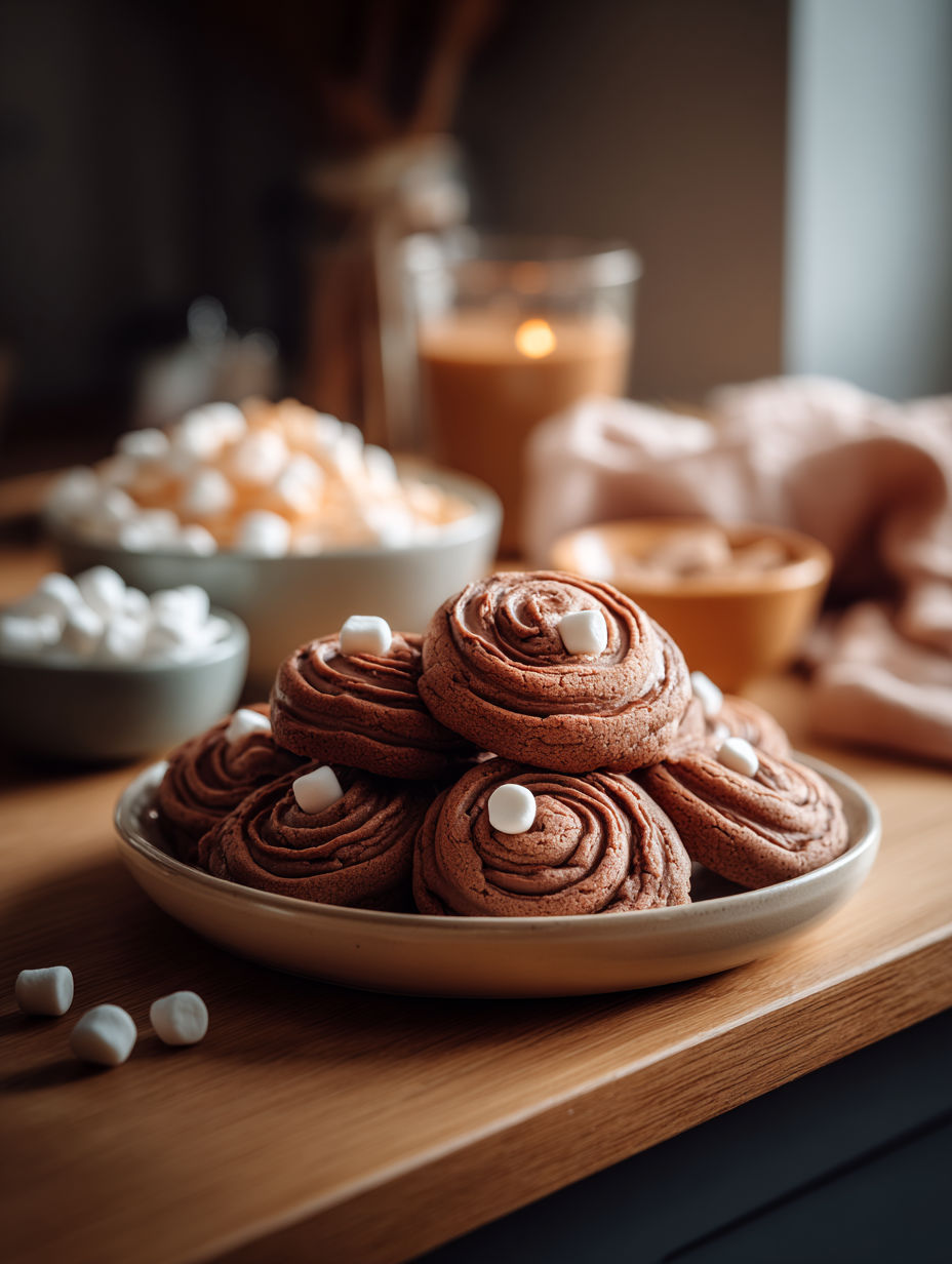 A plate of chocolate marshmallow cookies.