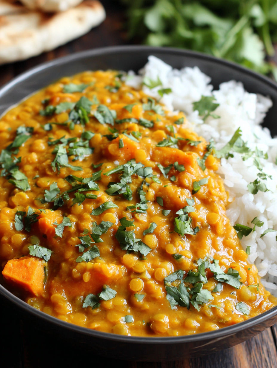 A bowl of sweet potato lentil curry.