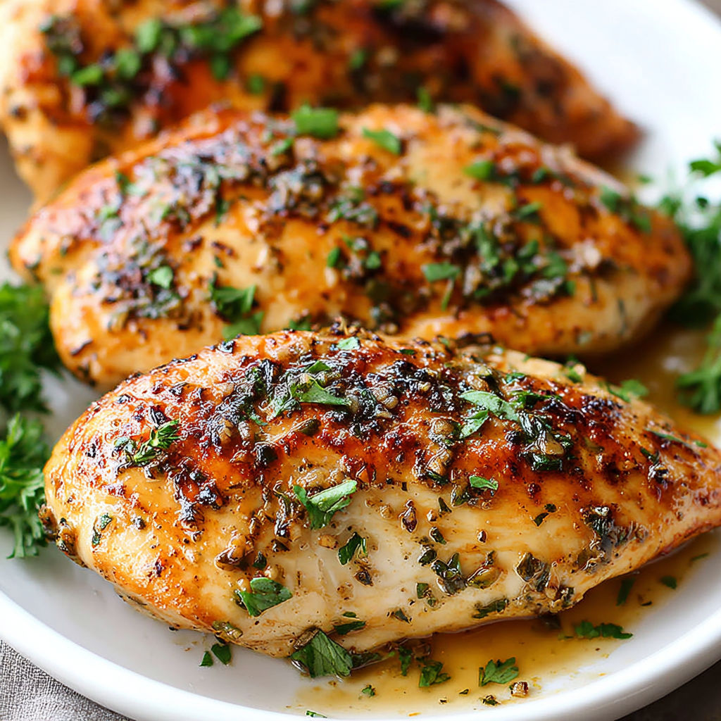Baked garlic chicken breasts on a white plate.