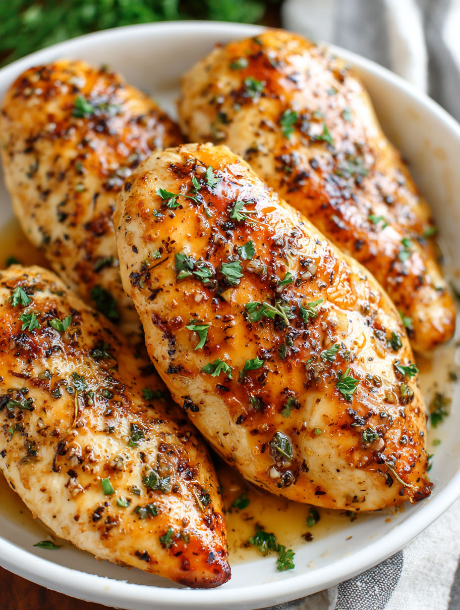 Baked garlic chicken breasts in a white bowl.