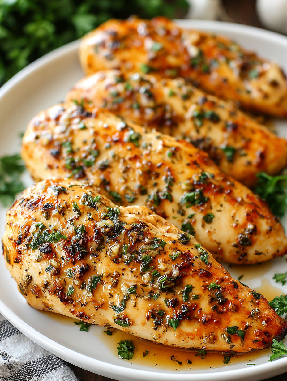 Baked garlic chicken breasts on a plate.