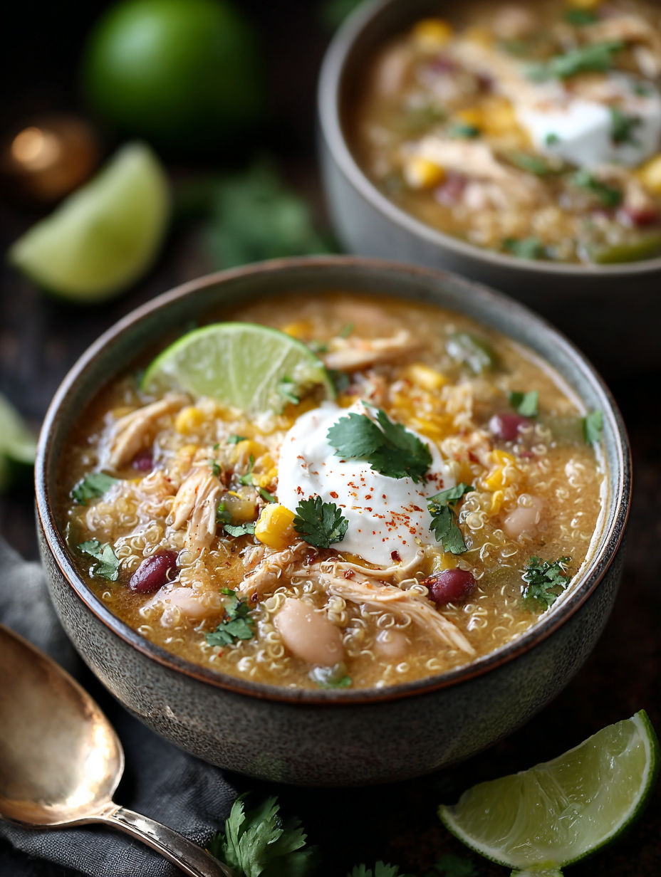 A bowl of soup with a dollop of sour cream on top.