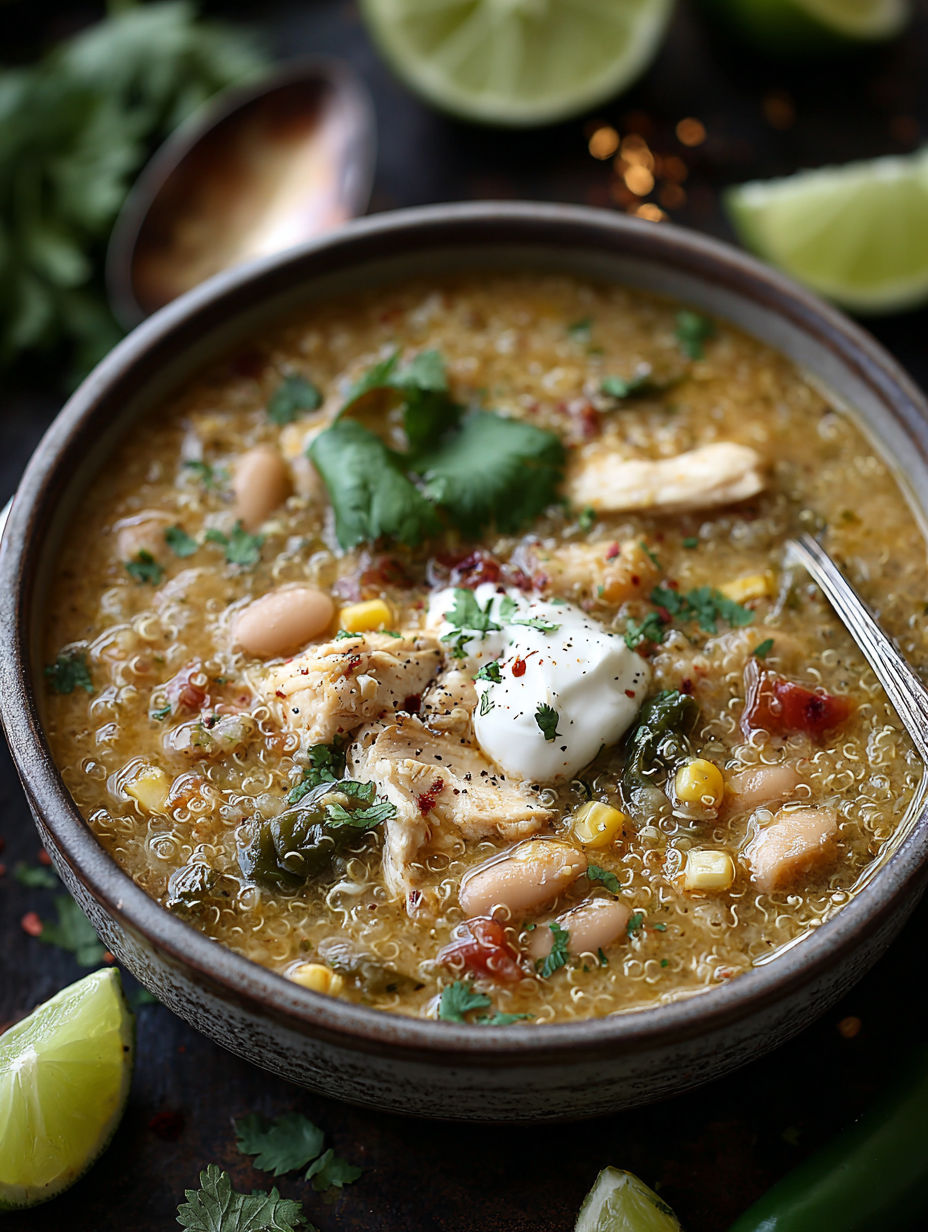 A bowl of soup with chicken and vegetables.