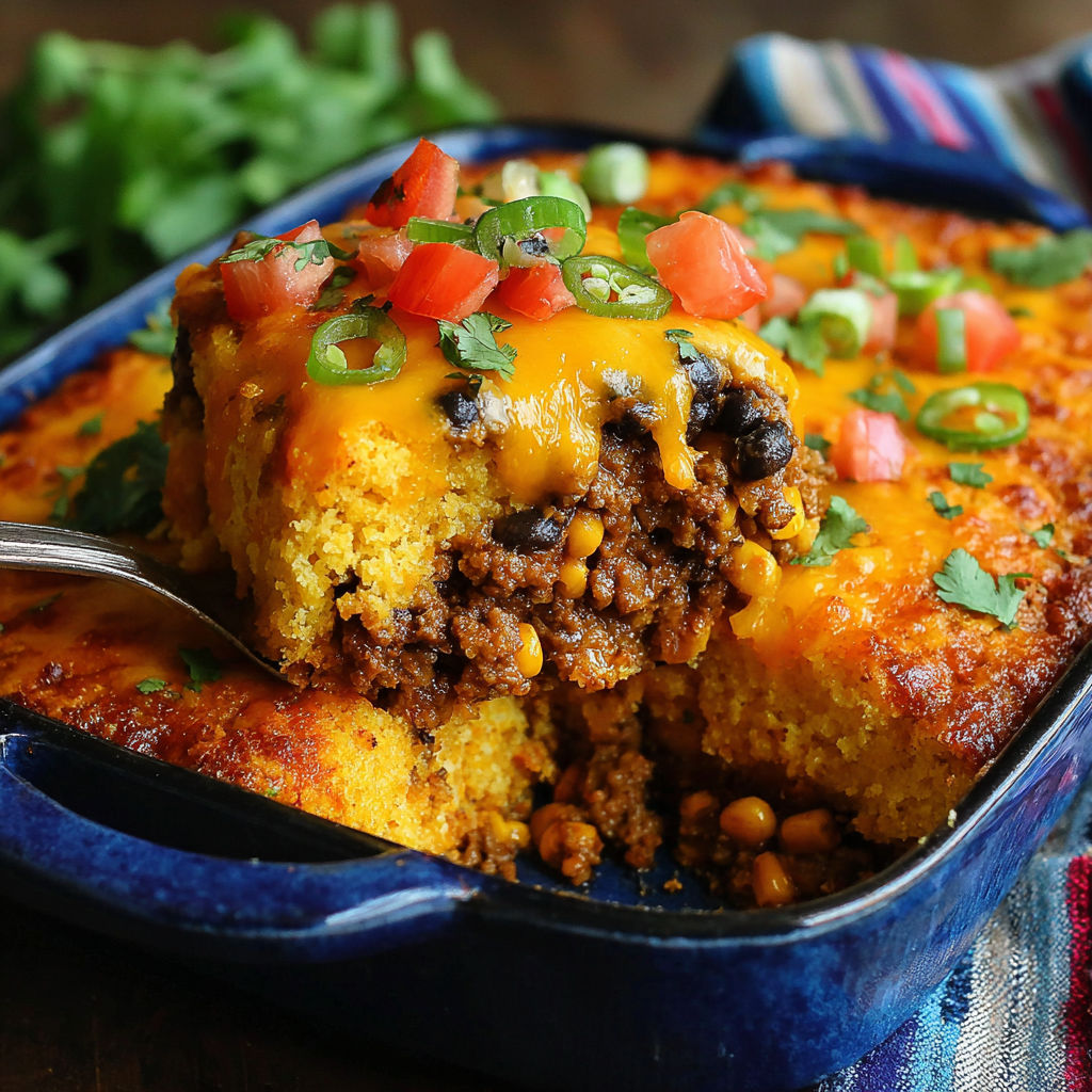 A close up of a delicious Mexican cornbread casserole.