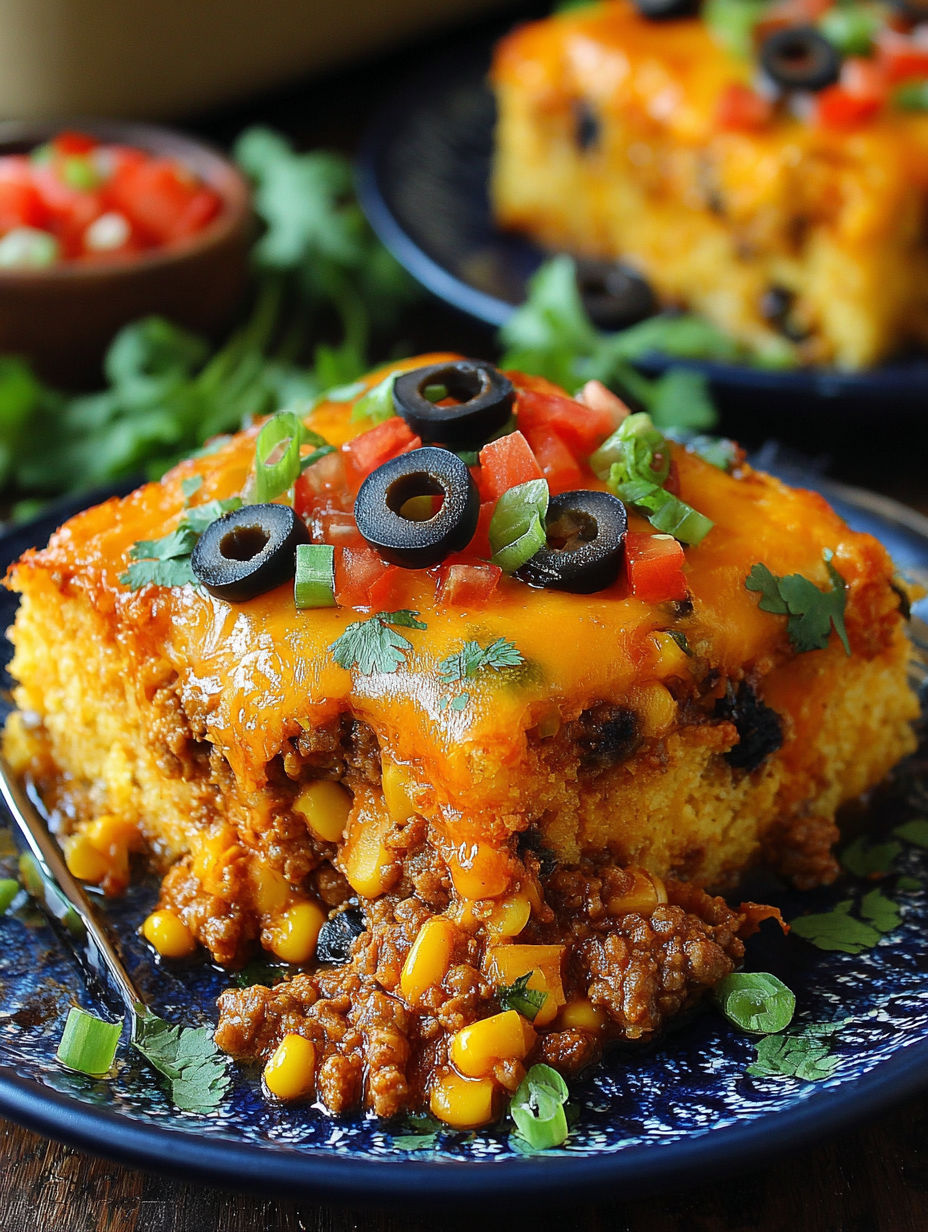 A slice of cheesy Mexican cornbread casserole.