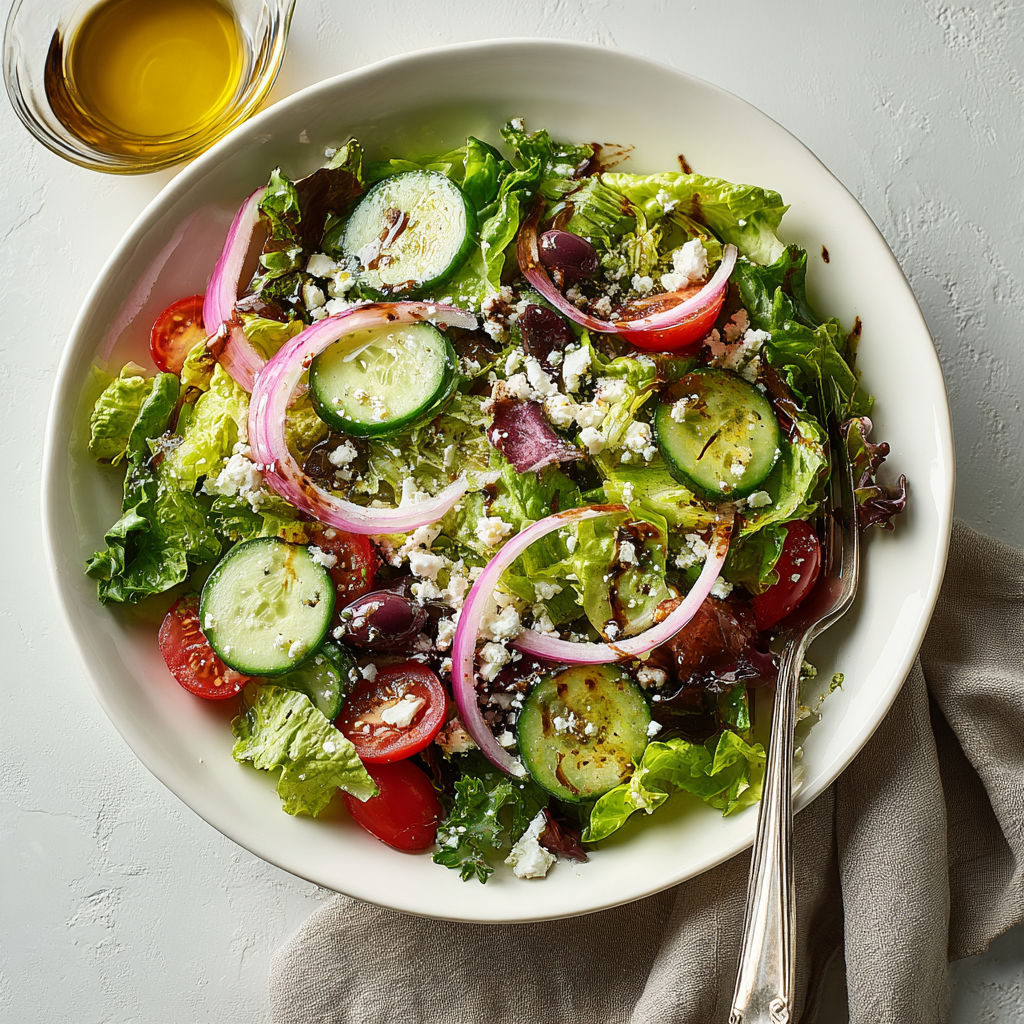 A plate of salad with cucumbers, tomatoes, and onions.