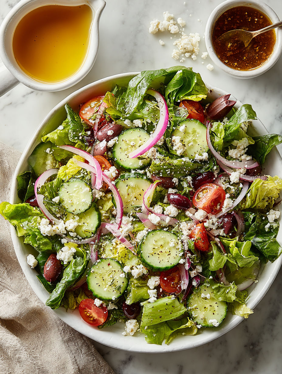A green salad with cucumbers, tomatoes, and onions.