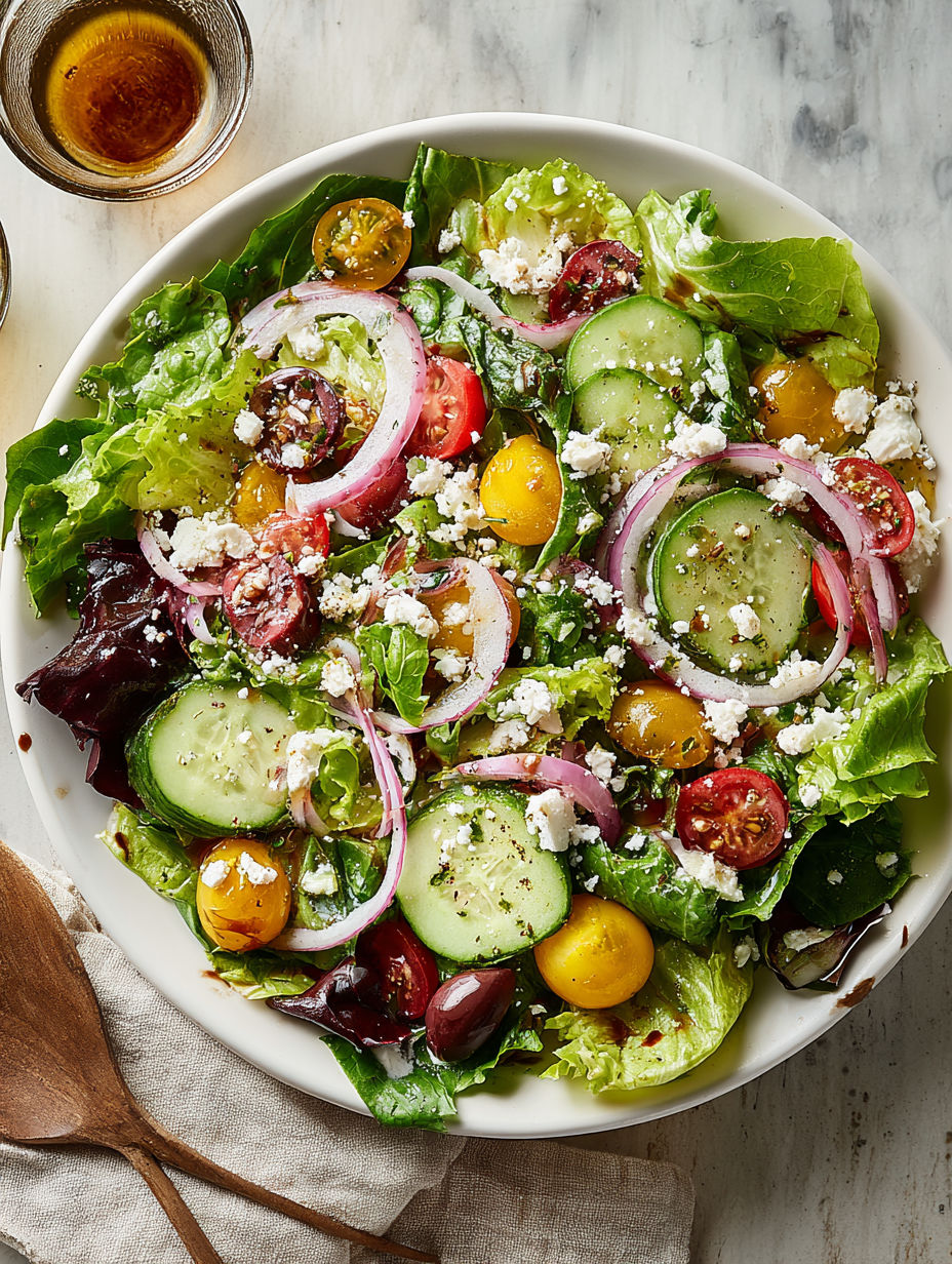 A plate of salad with tomatoes, cucumbers, onions, and feta cheese.