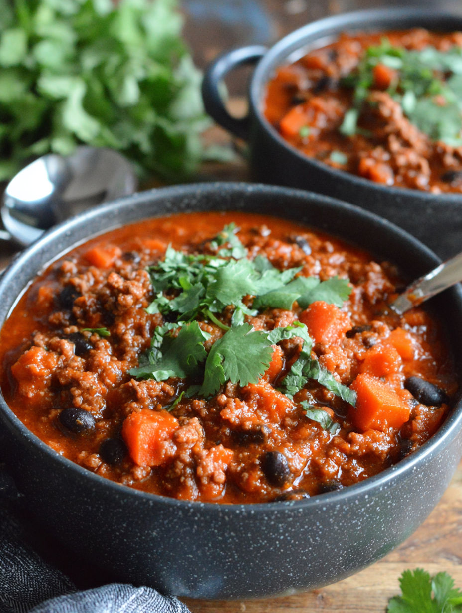 A bowl of chili with a spoon in it.
