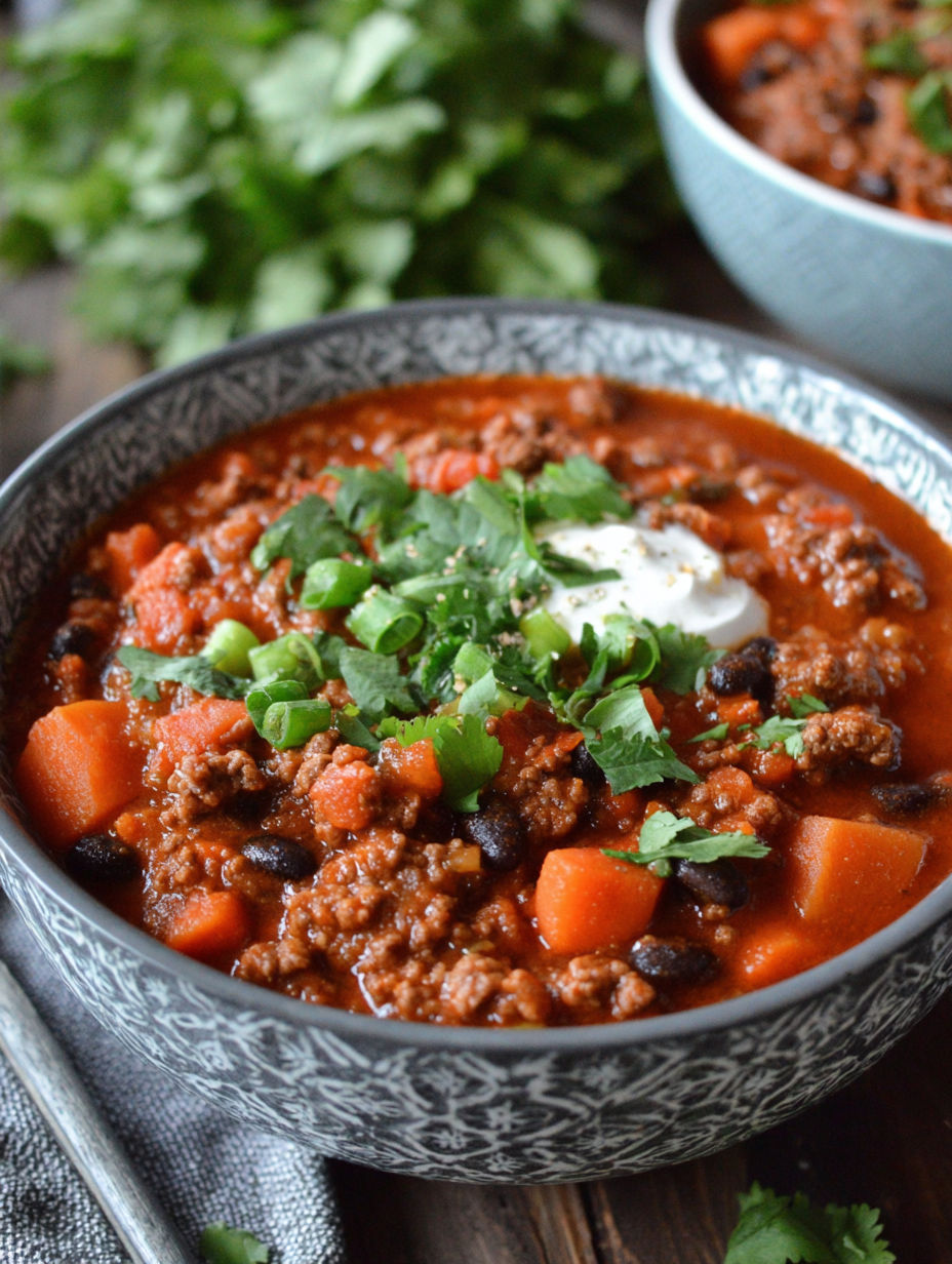 A bowl of chili with green onions and white cheese on top.