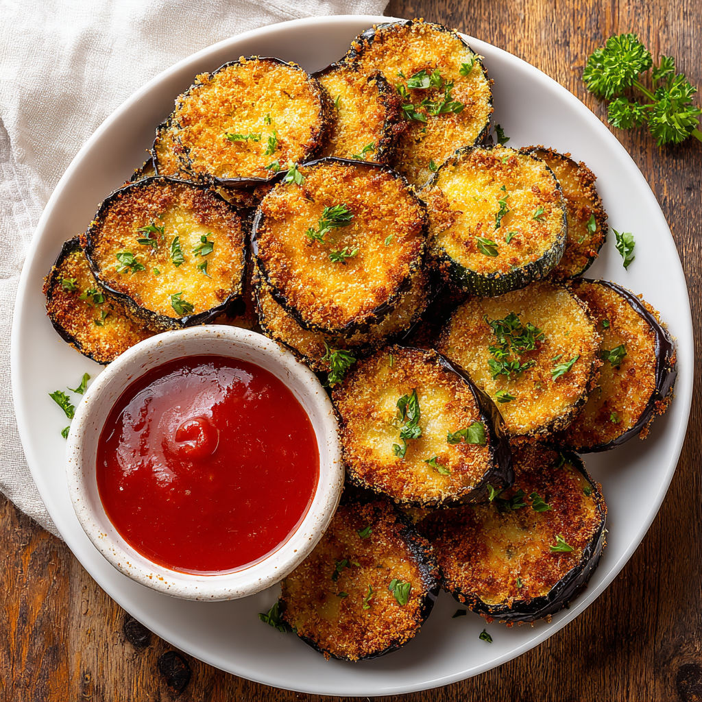 A plate of fried eggplant with a bowl of ketchup on the side.