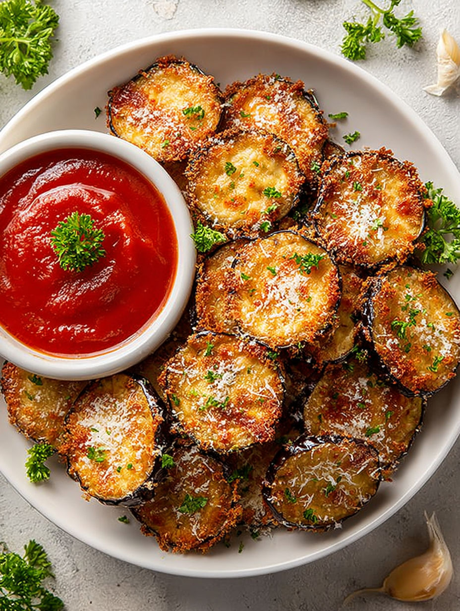 A plate of fried eggplant with a dipping sauce.