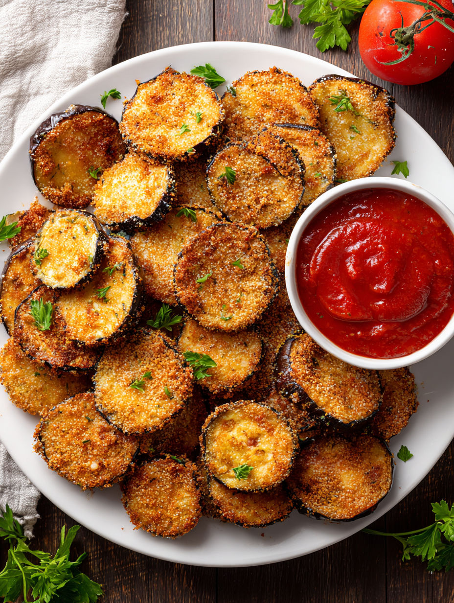 A plate of fried eggplant with a bowl of dipping sauce.