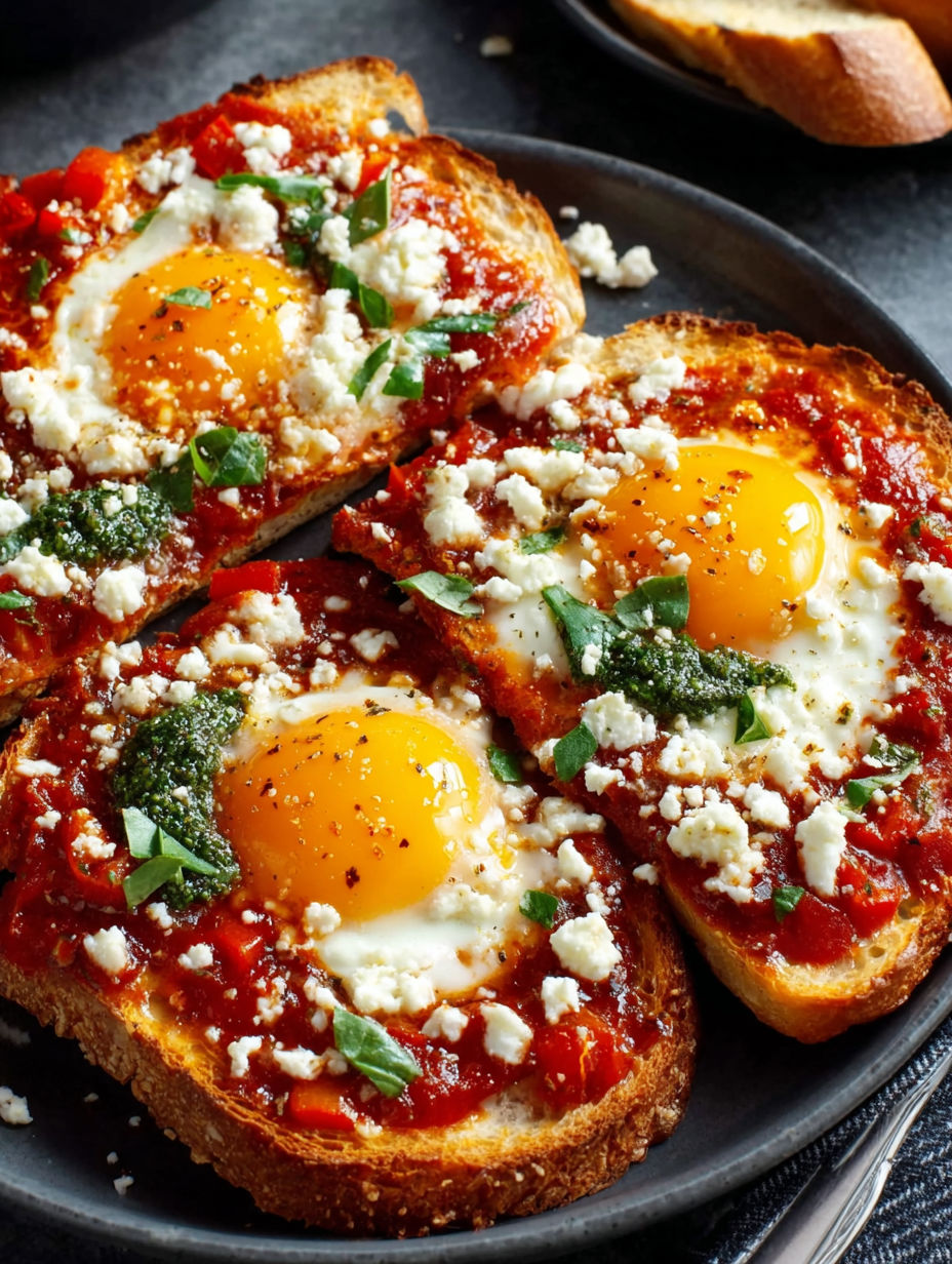 A plate of toast with feta cheese and eggs.