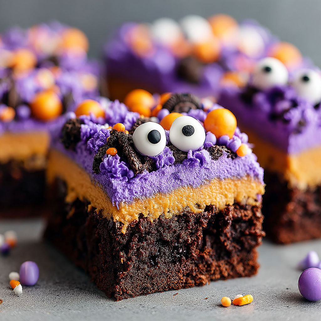 A close up of a chocolate brownie with a purple and orange frosting.