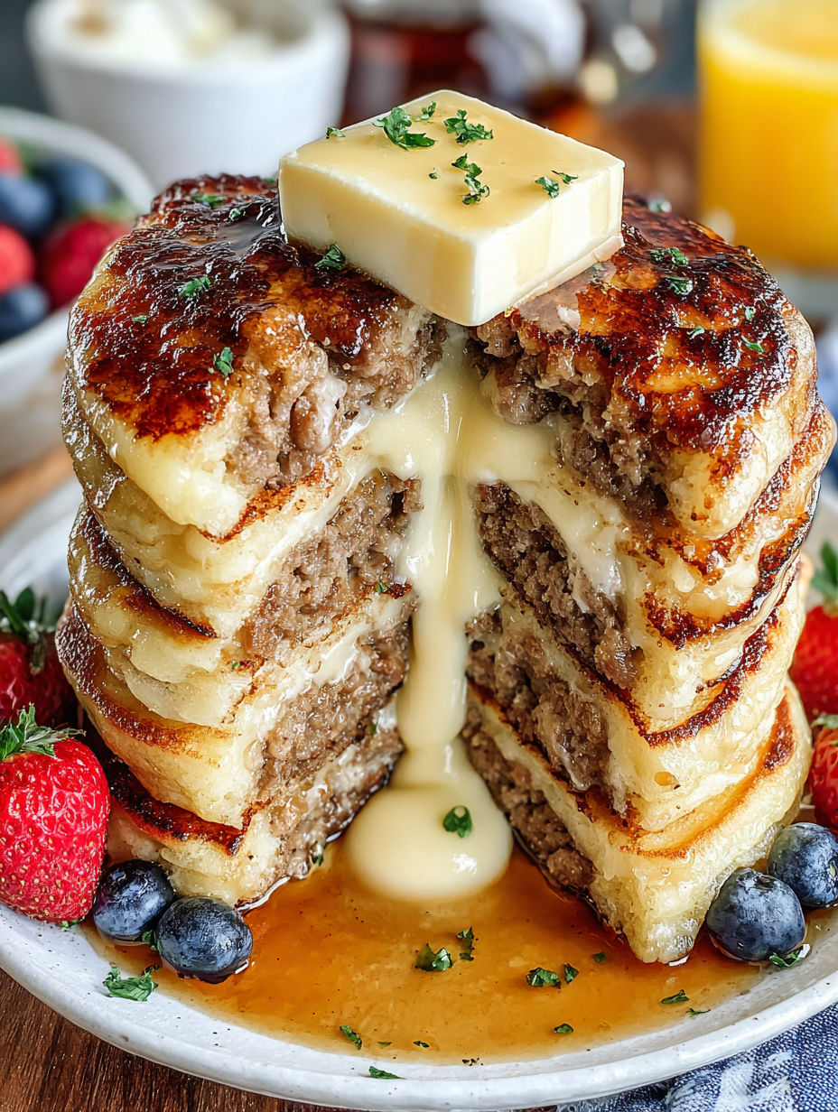 A stack of sausage pancakes with butter dripping down.