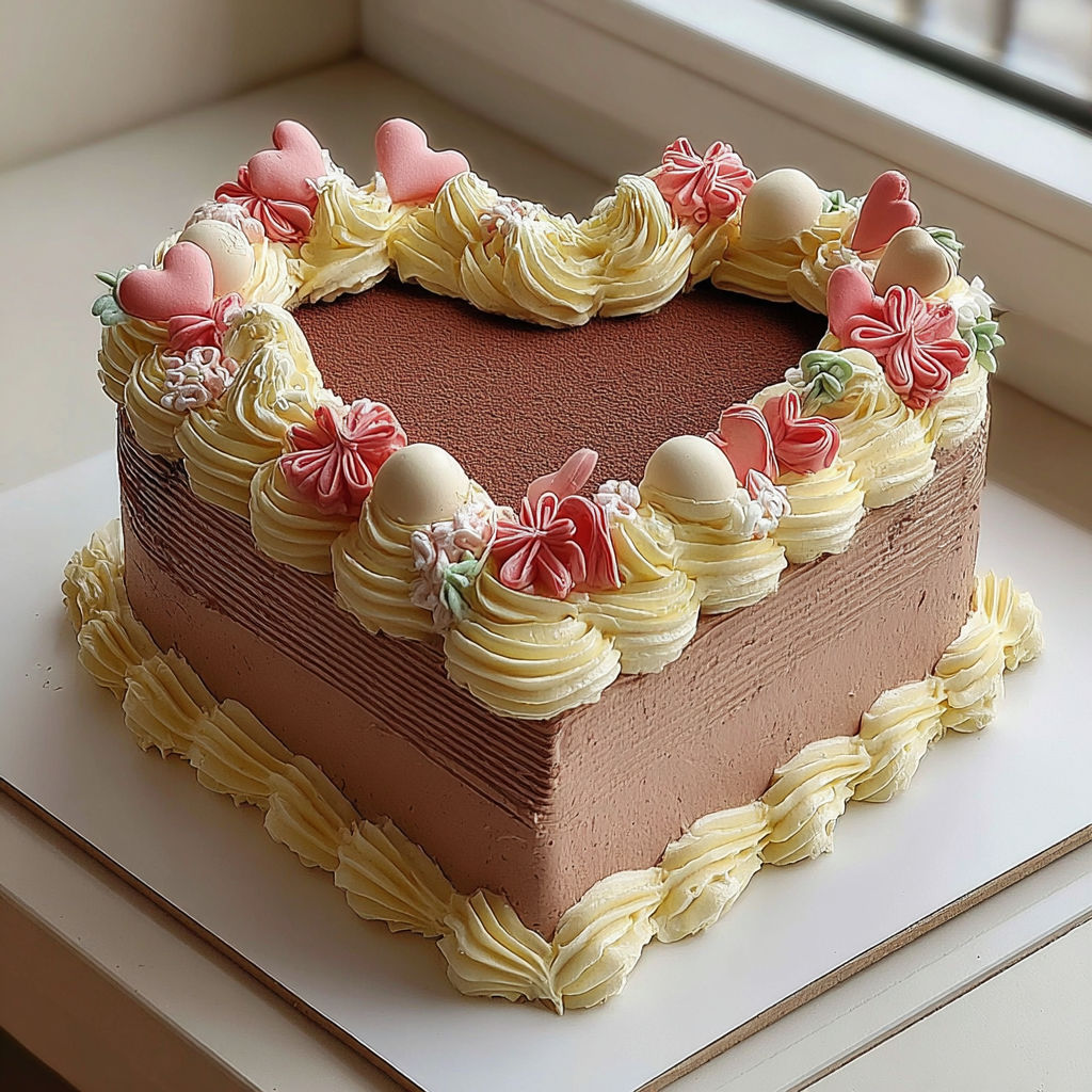 A heart-shaped birthday cake with white frosting and pink flowers.