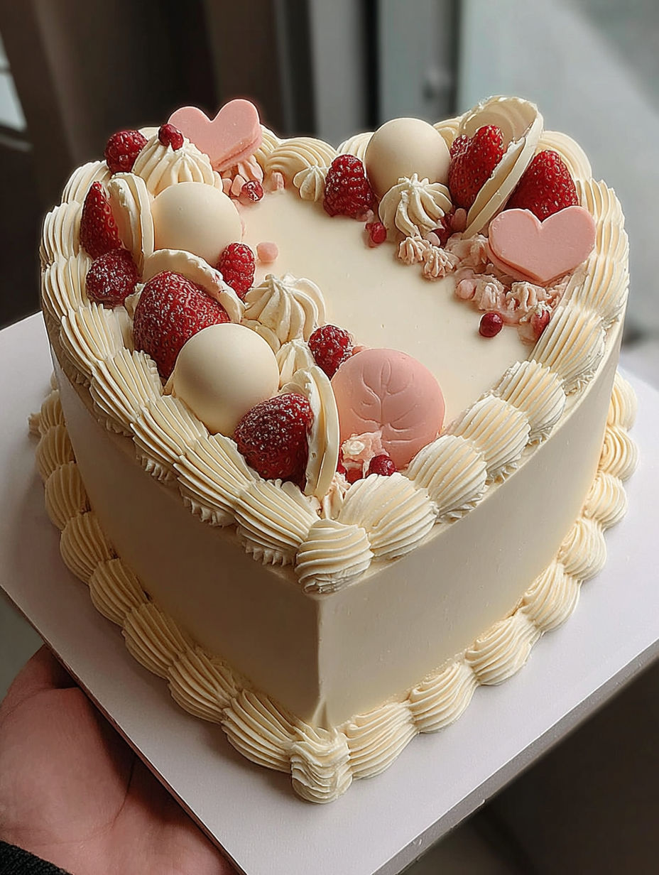 A heart-shaped birthday cake with white frosting and strawberries.