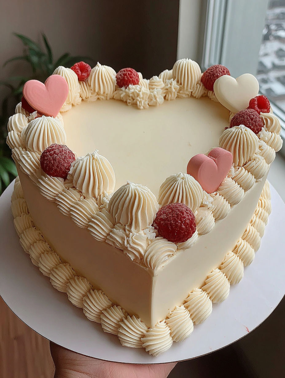 A heart-shaped birthday cake with white frosting and raspberries.