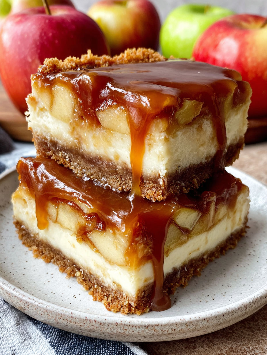 A slice of caramel apple cheesecake bars.