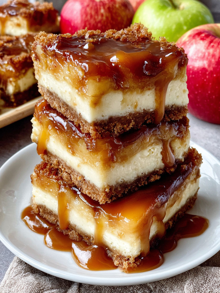 A stack of caramel apple cheesecake bars.