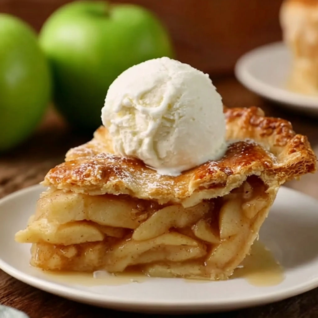 A slice of apple pie with a scoop of ice cream on top.