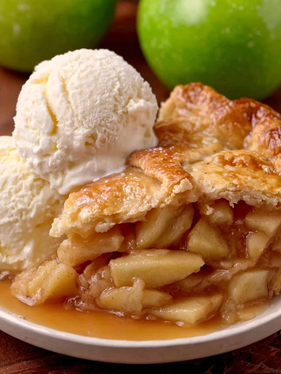 A slice of apple pie with a scoop of ice cream on top.