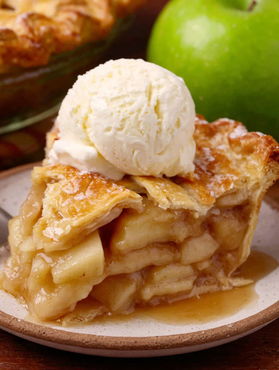 A slice of apple pie with a scoop of ice cream on top.