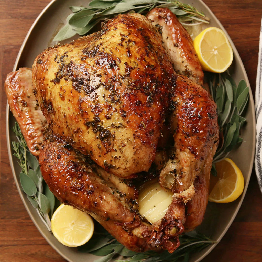 A roasted turkey with lemon wedges on top.