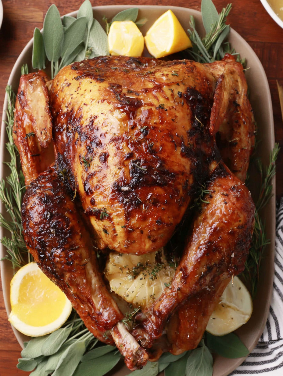 A roasted chicken with lemon wedges on the side.