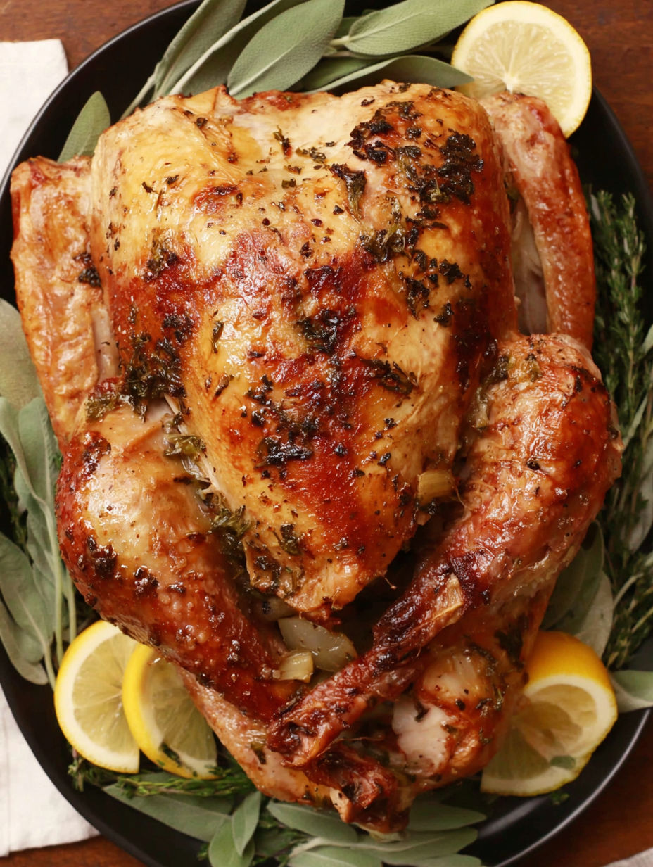 A roasted turkey with herbs and lemon wedges.