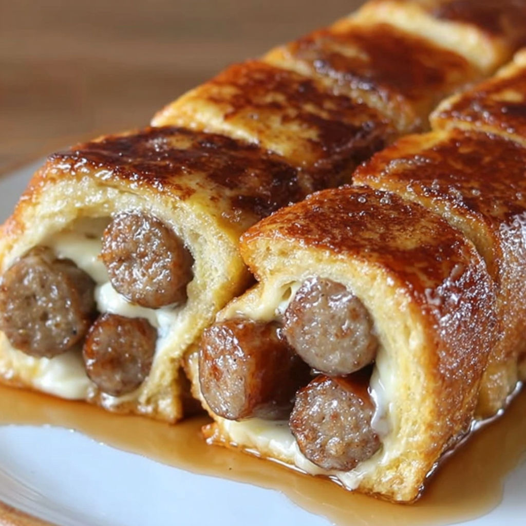 A plate of sausage stuffed French toast roll-ups.