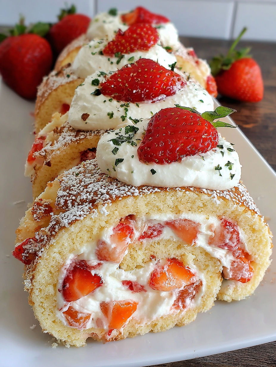 A delicious strawberry cheesecake roll.