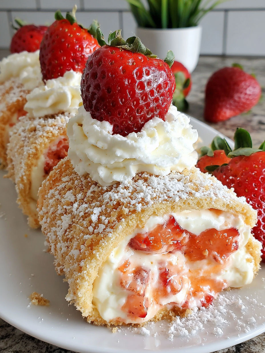A dessert roll with strawberries and whipped cream.