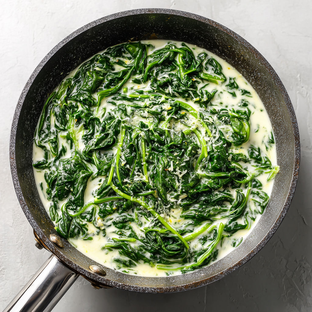 A pan of creamed spinach.
