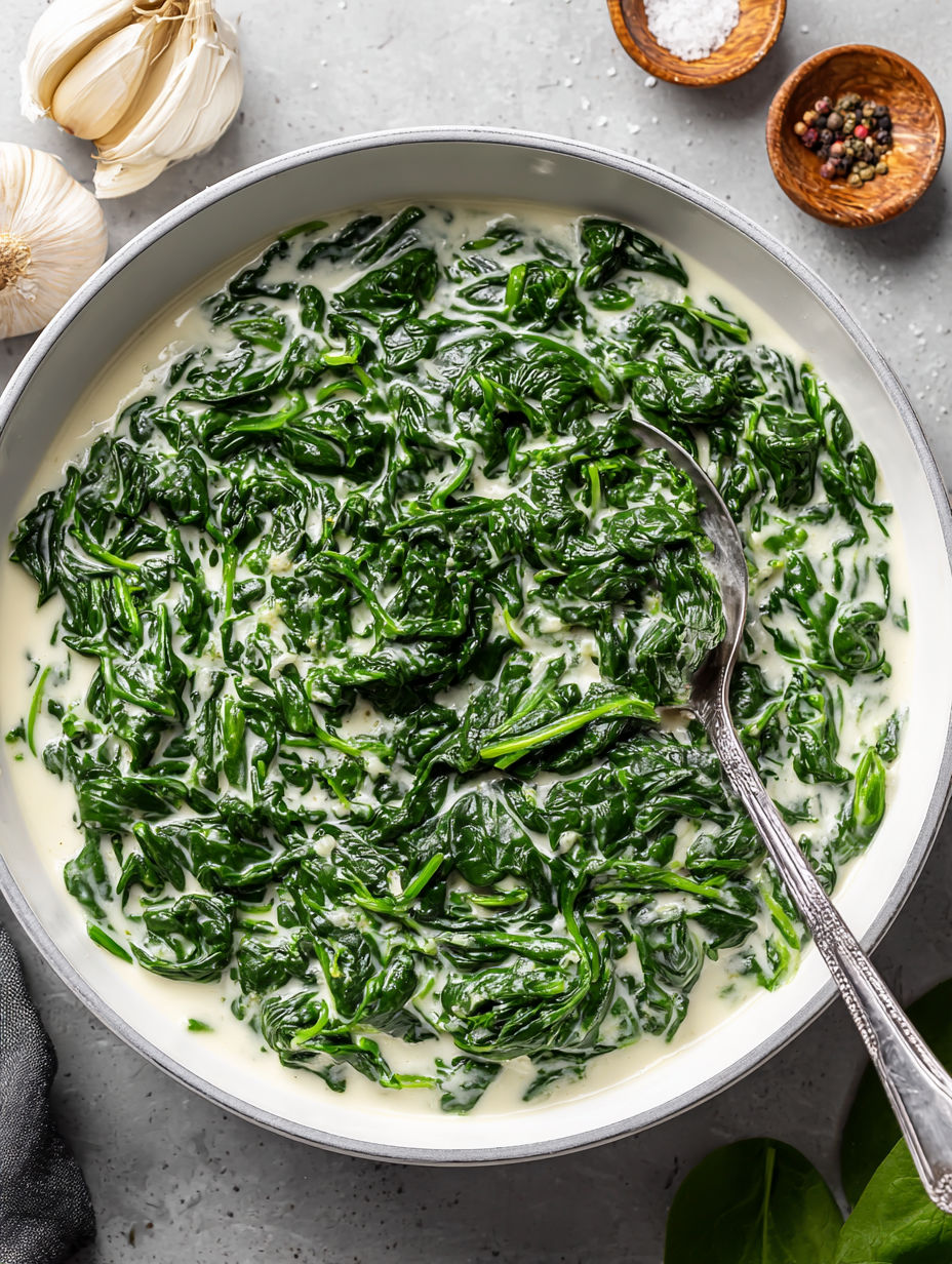 A bowl of creamed spinach.